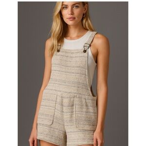Anthropologie Cartonnier Boho Textured Cream Silver Gold Tweed Romper Overalls M